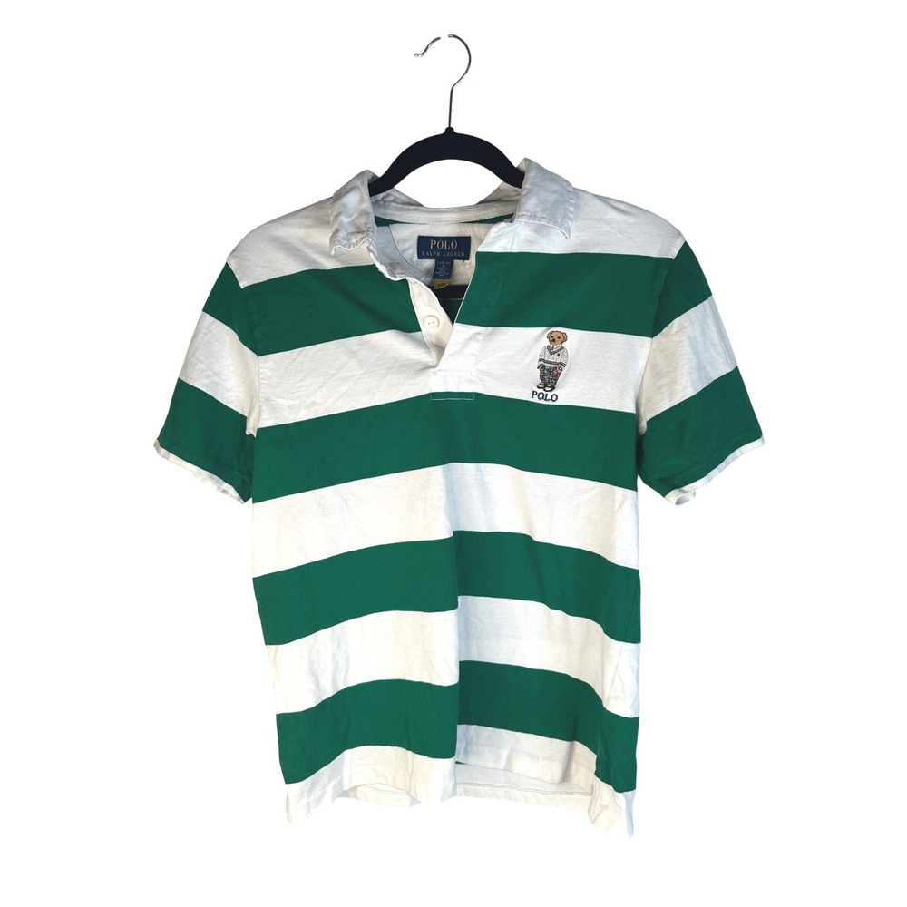 Polo Ralph Lauren Kid's Green White Stripe Bear Polo Preppy Shirt L 14-16